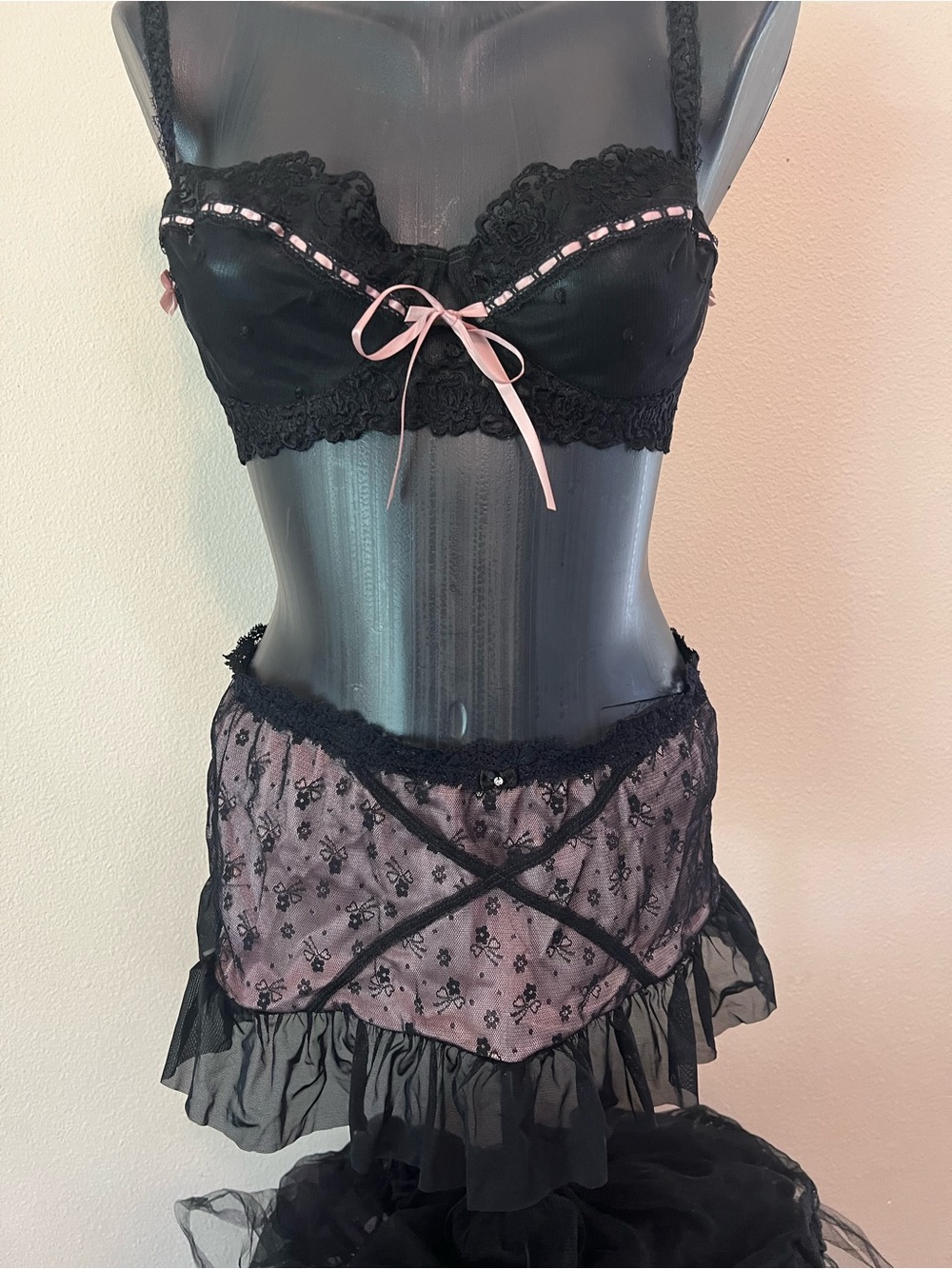 Jezebel Black & Pink Lace Balconette Bra and Sheer Lace Skirt Set